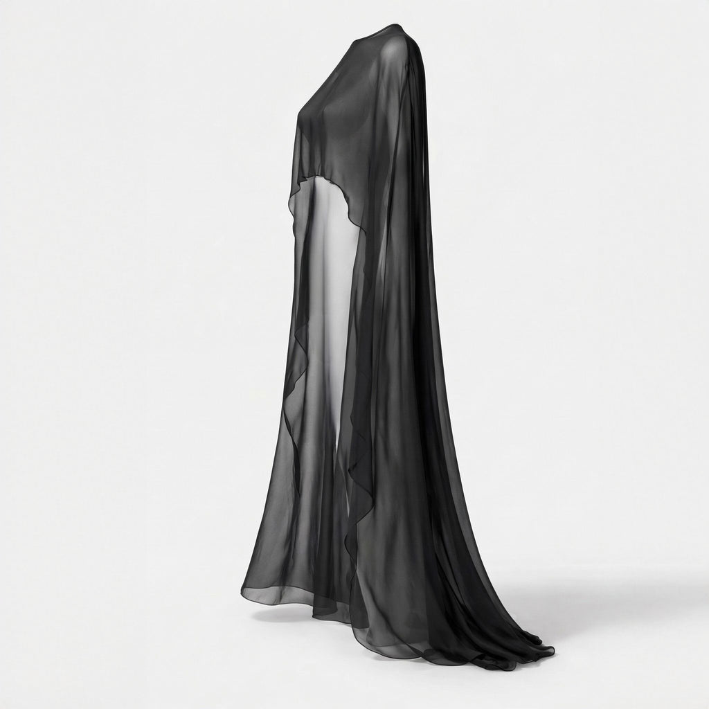 Capă Lungă din Voal Negru – Eleganță, Versatilitate și Design Sofisticat