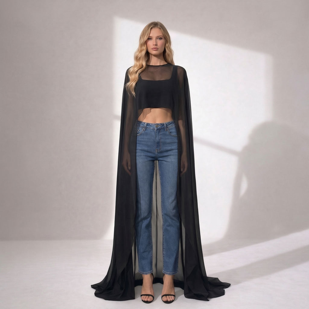 Capă Lungă din Voal Negru – Eleganță, Versatilitate și Design Sofisticat