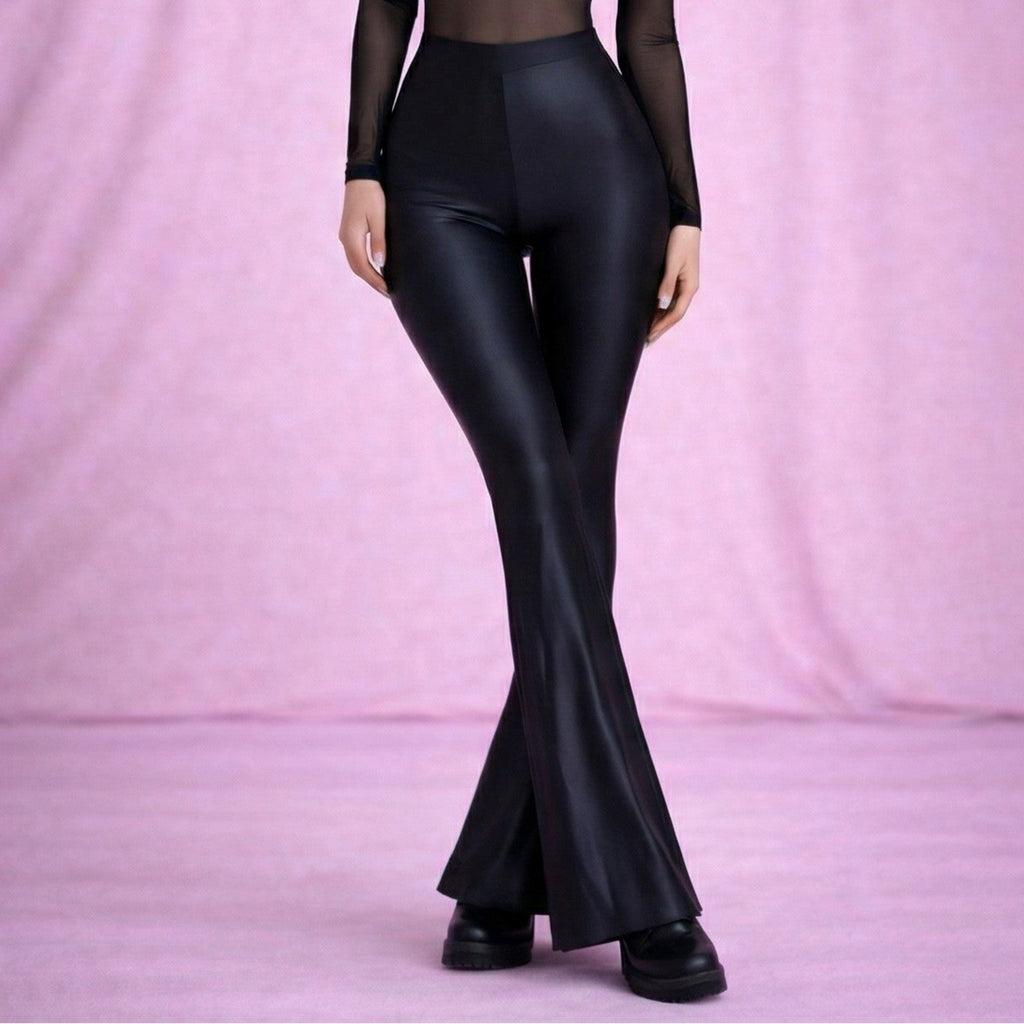 Colanti flare negri cu efect de alungire a picioarelor si luciu tip piele uda Foxy Luxury