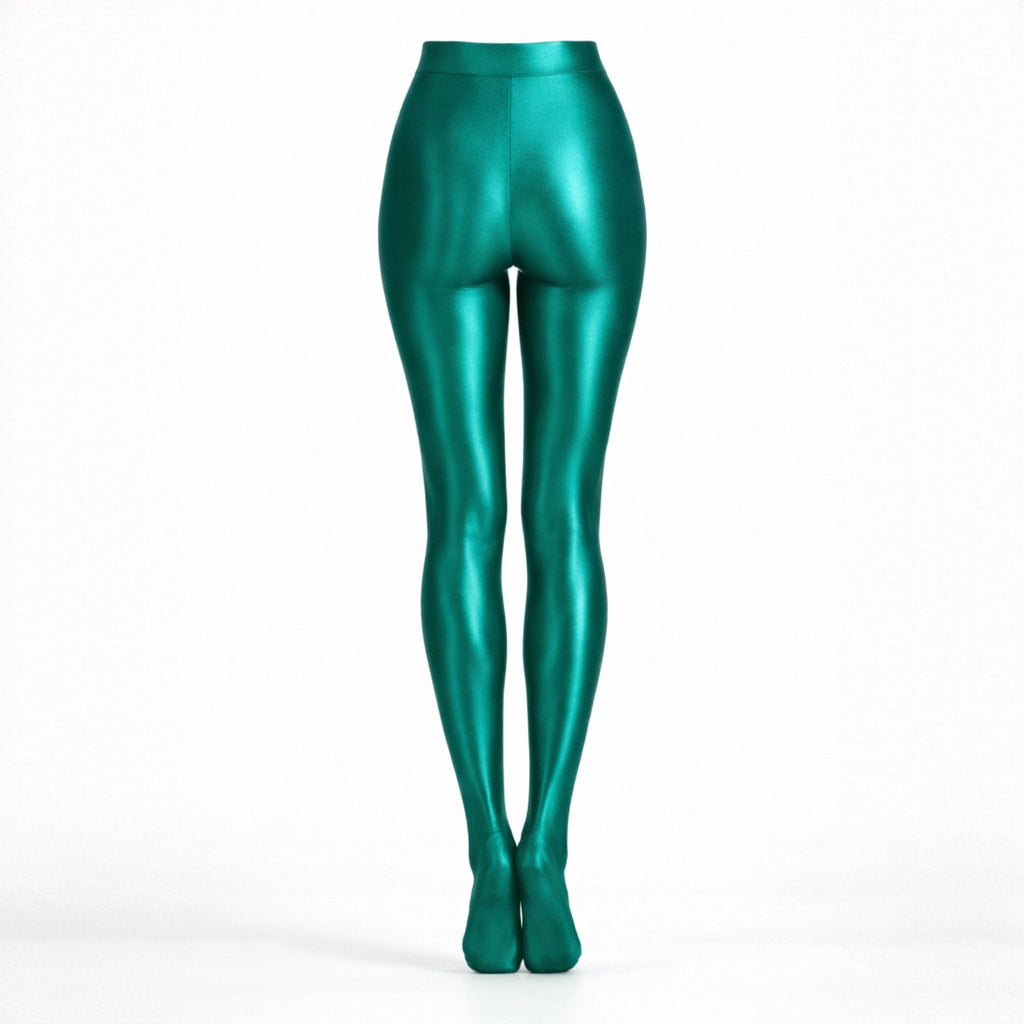 Colanți tip dres verzi smarald metalic Foxy Luxury talie înaltă - vedere din spate reflexii