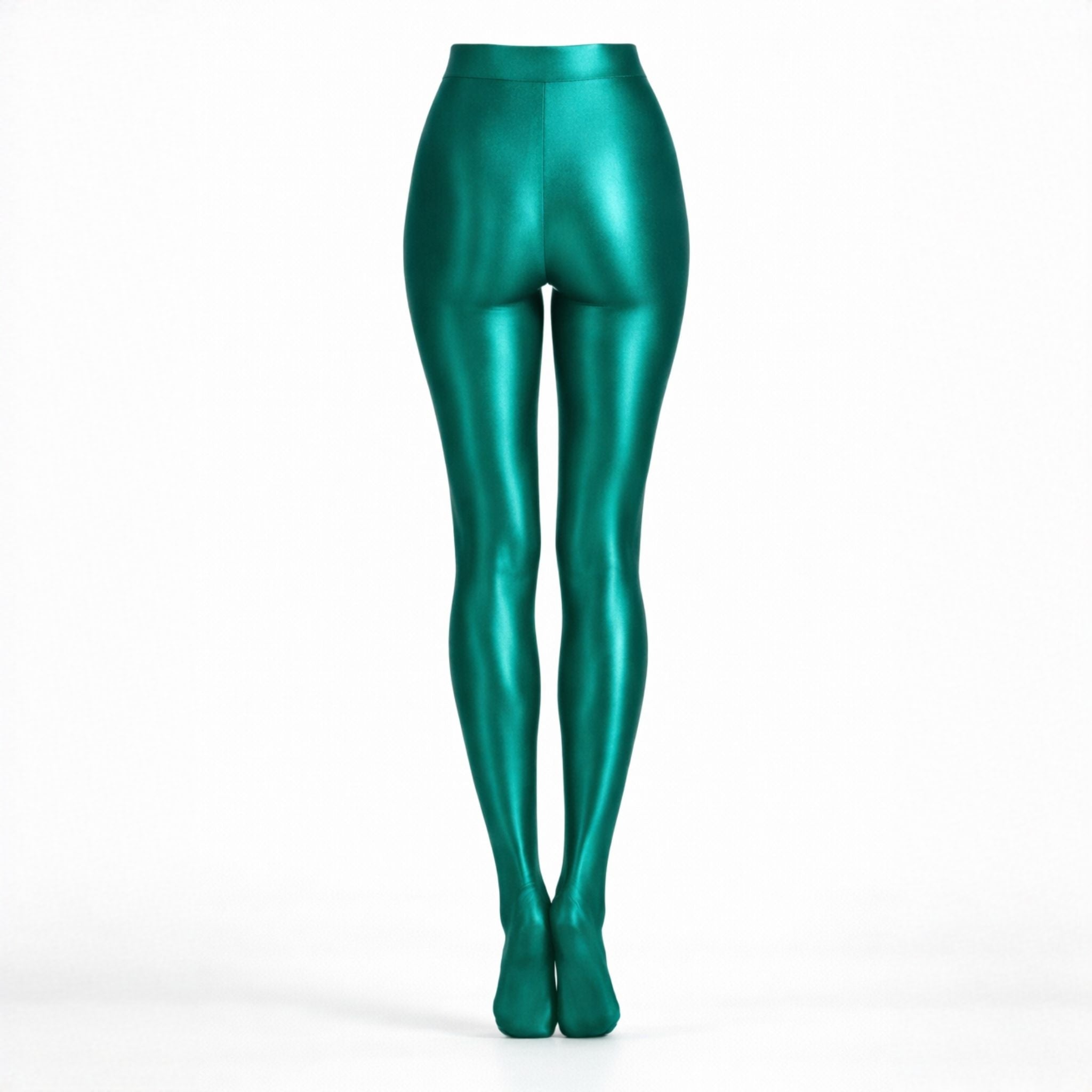 Colanți tip dres verzi smarald metalic Foxy Luxury talie înaltă - vedere din spate reflexii