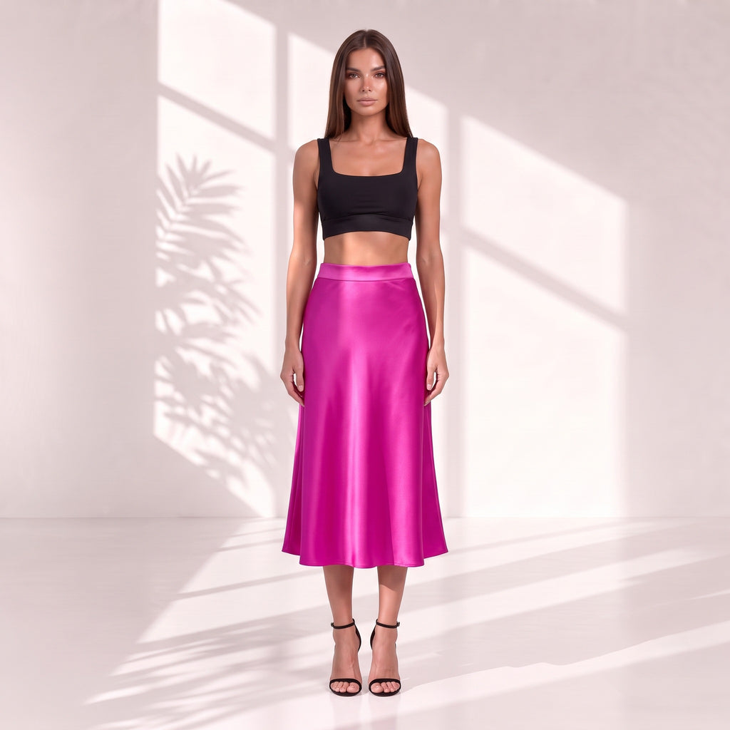 Fustă midi din satin roz fucsia, cu talie înaltă