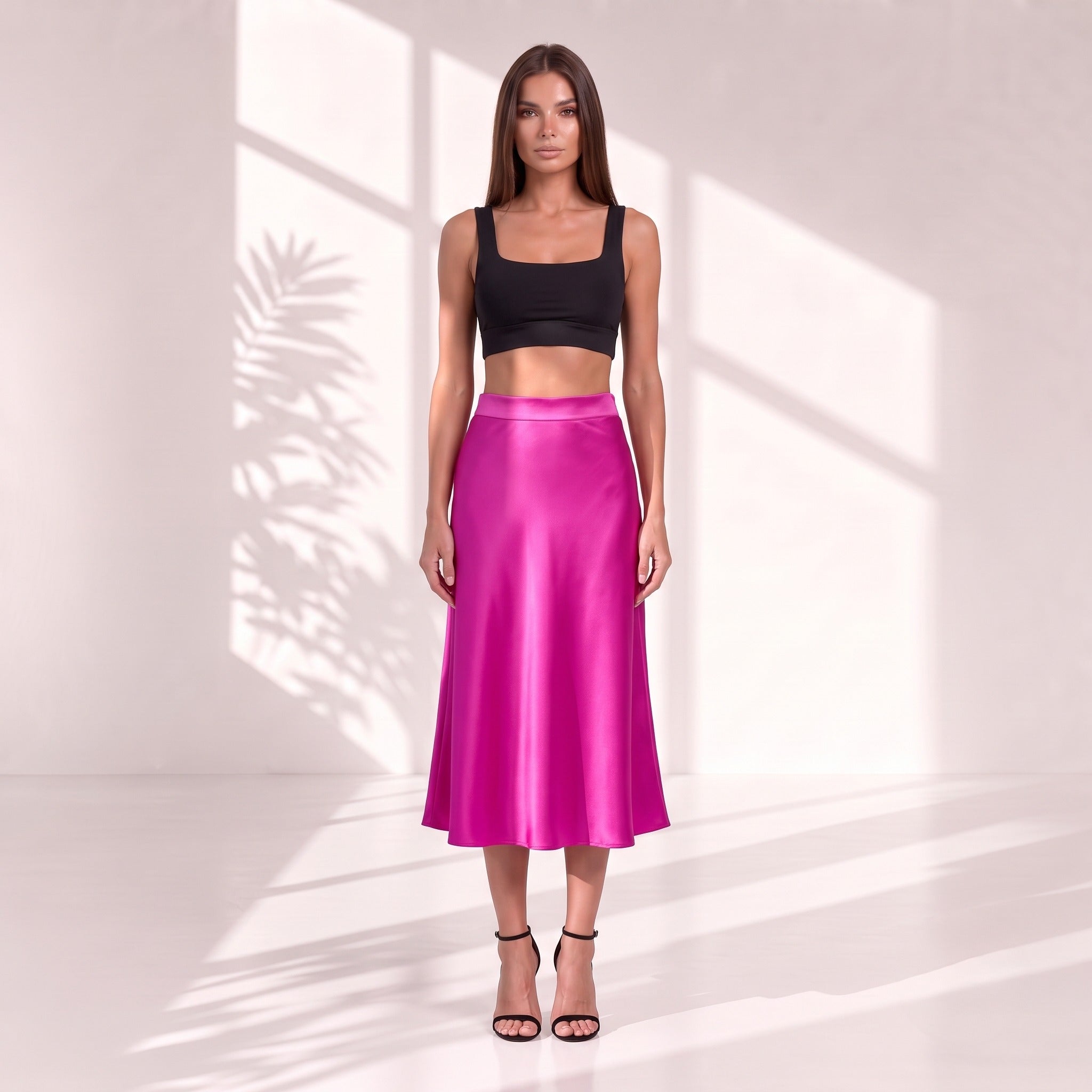 Fustă midi din satin roz fucsia, cu talie înaltă