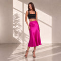 Fustă midi din satin roz fucsia, cu talie înaltă