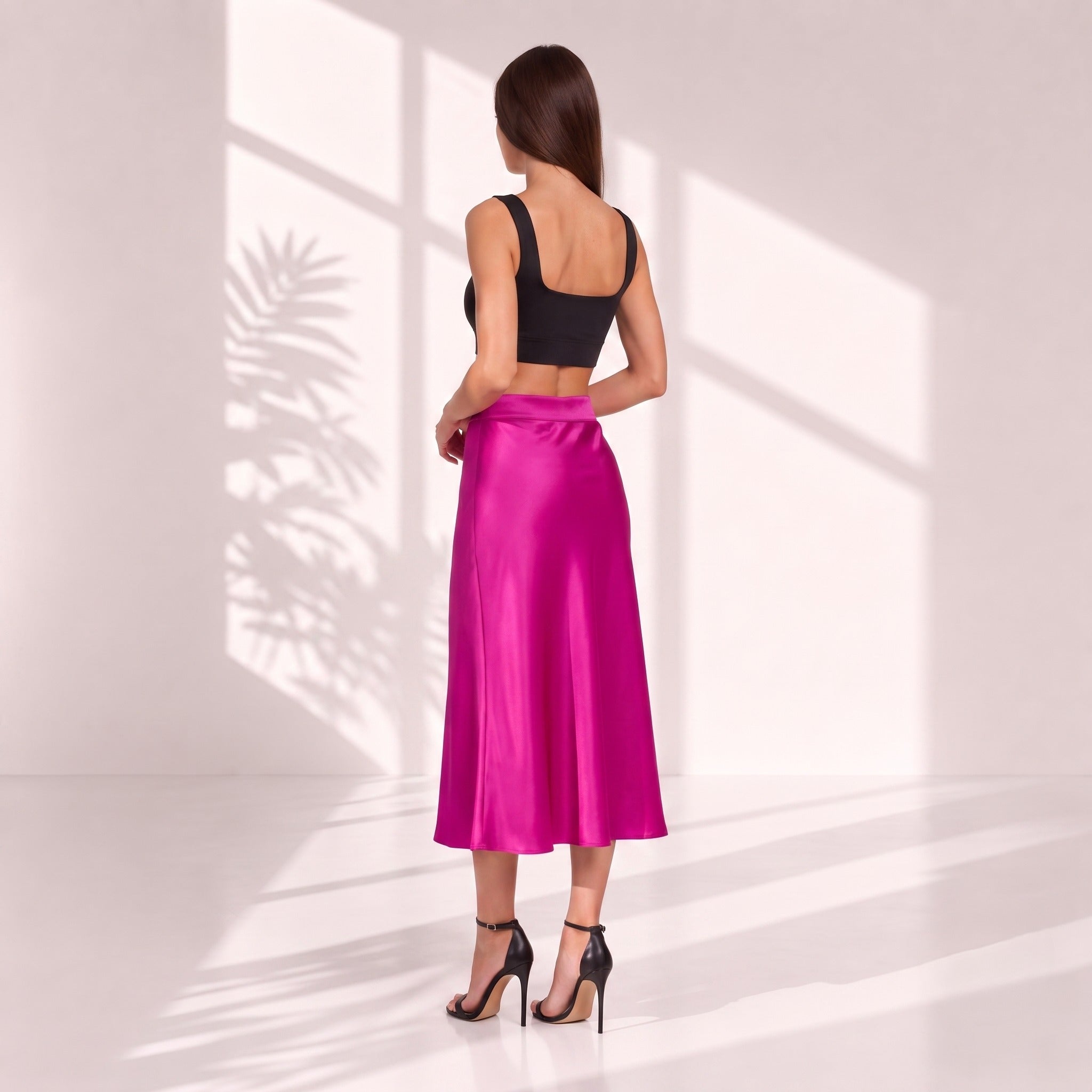 Fustă midi din satin roz fucsia, cu talie înaltă