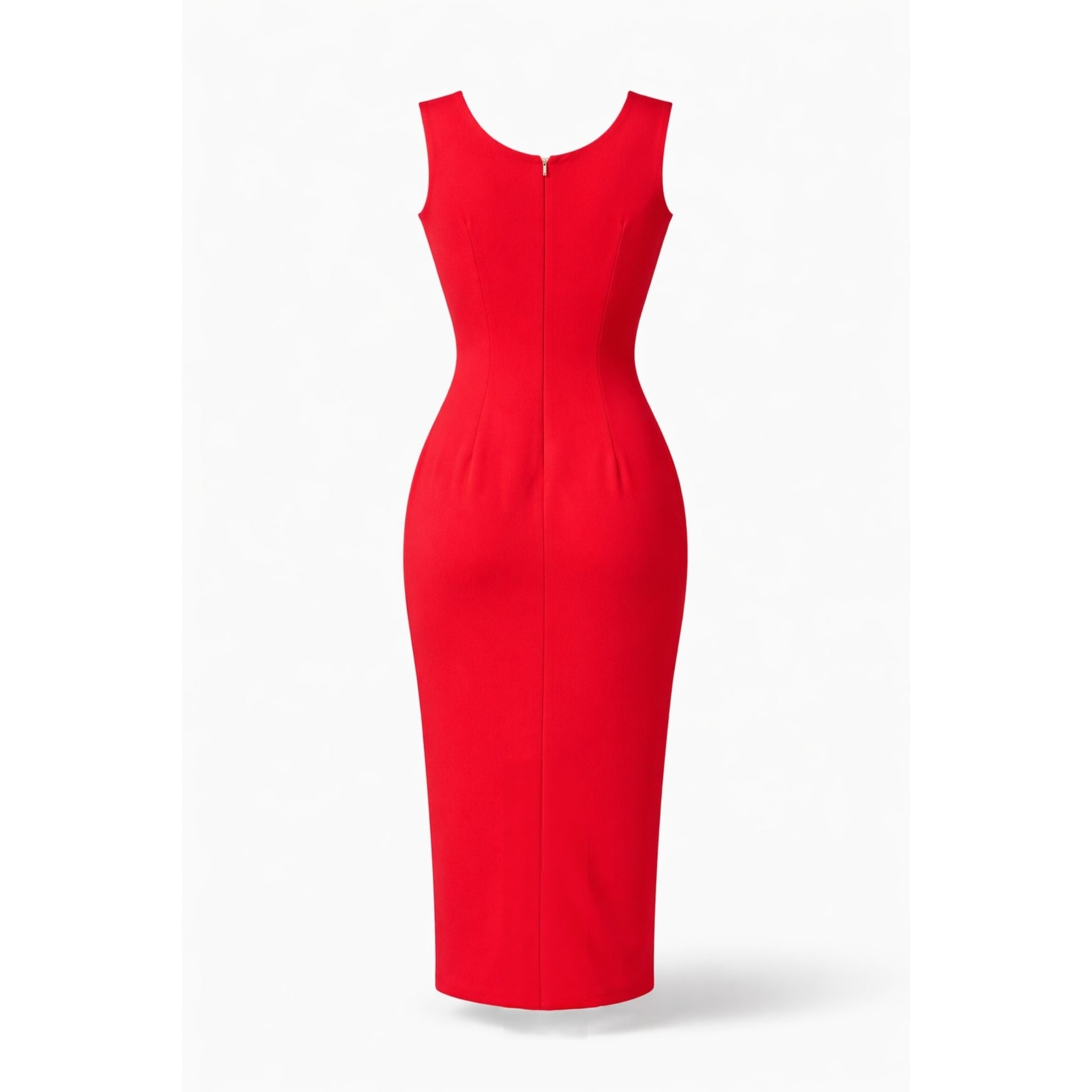 Rochie midi roșie din bistrech cu nasturi metalici decorativi și efect modelator