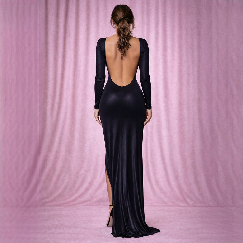 Rochie lunga neagra cu spatele gol si trena