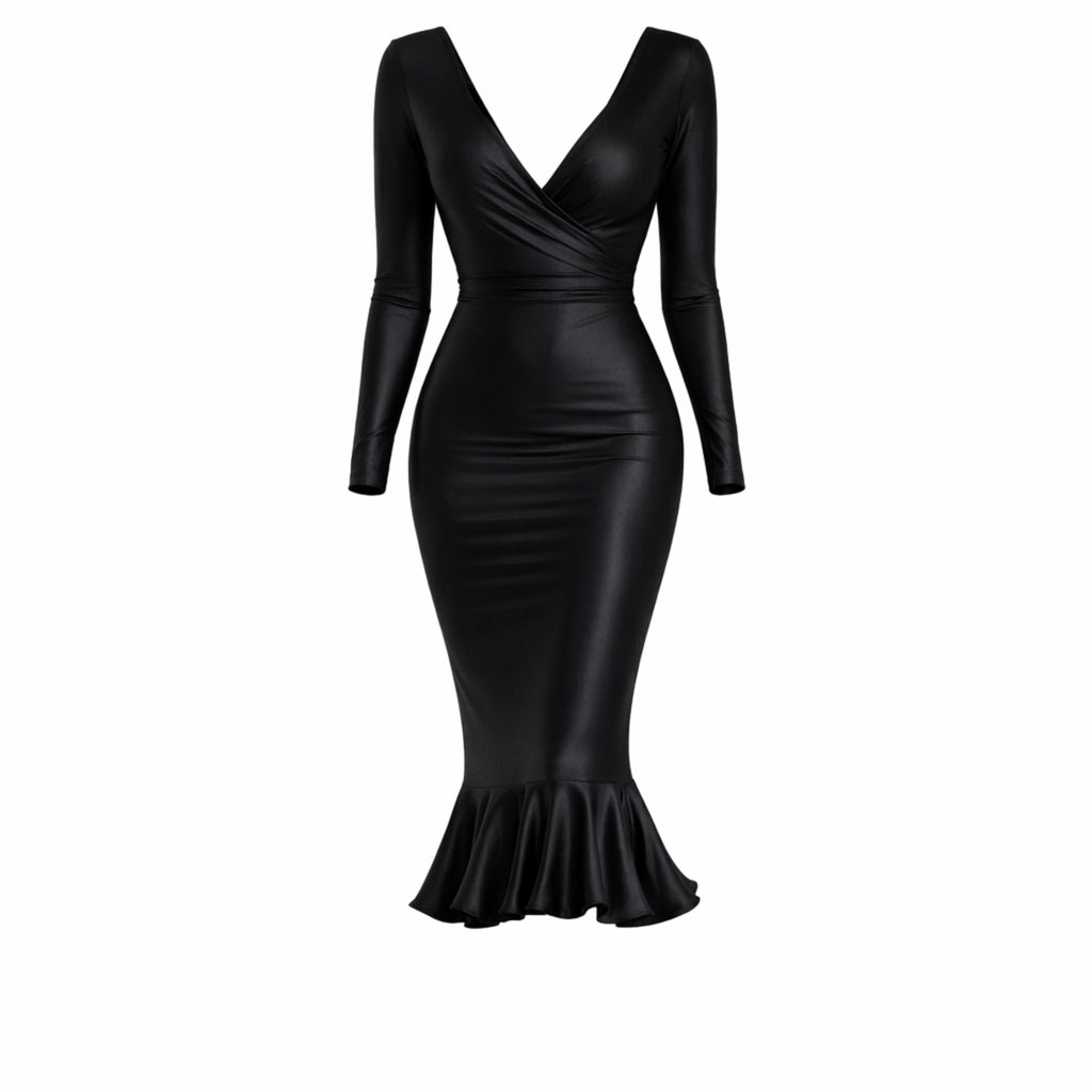 Rochie midi mulata cu bust parte peste parte si volan