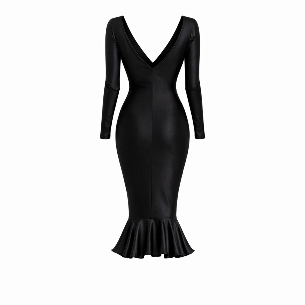 Rochie midi mulata cu bust parte peste parte si volan