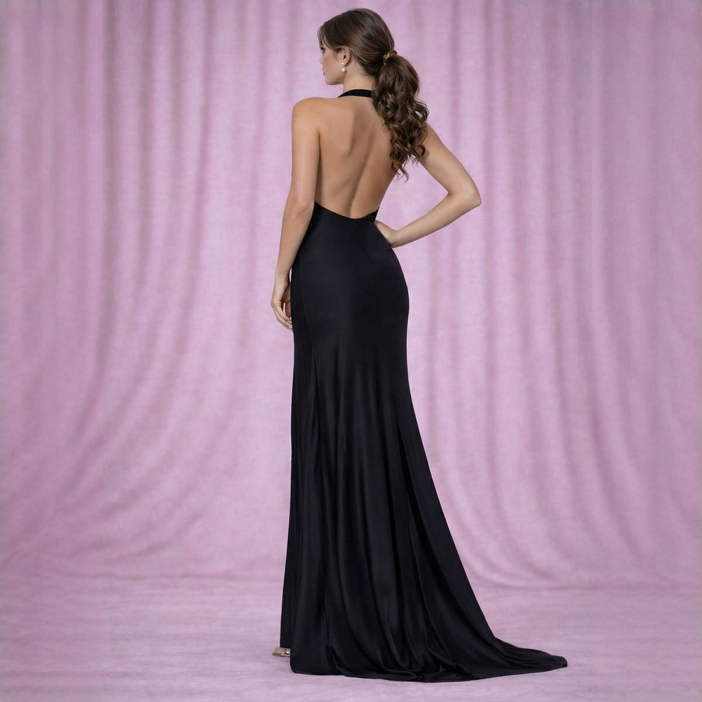 Rochie neagra lunga cu spatele gol si trena
