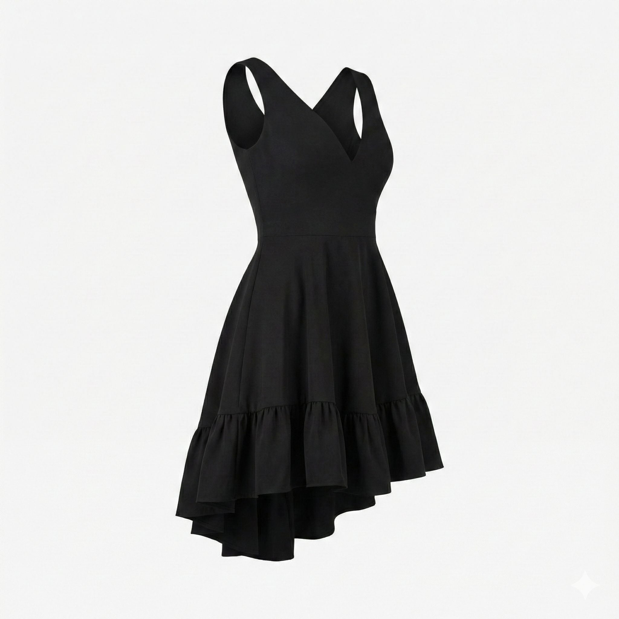 Rochie neagra scurta cu fusta clos si volane