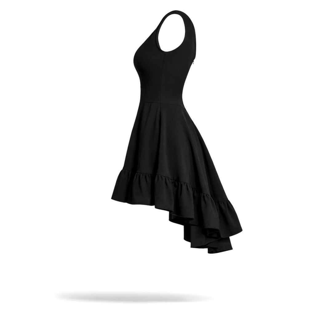 Rochie neagra scurta cu fusta clos si volane