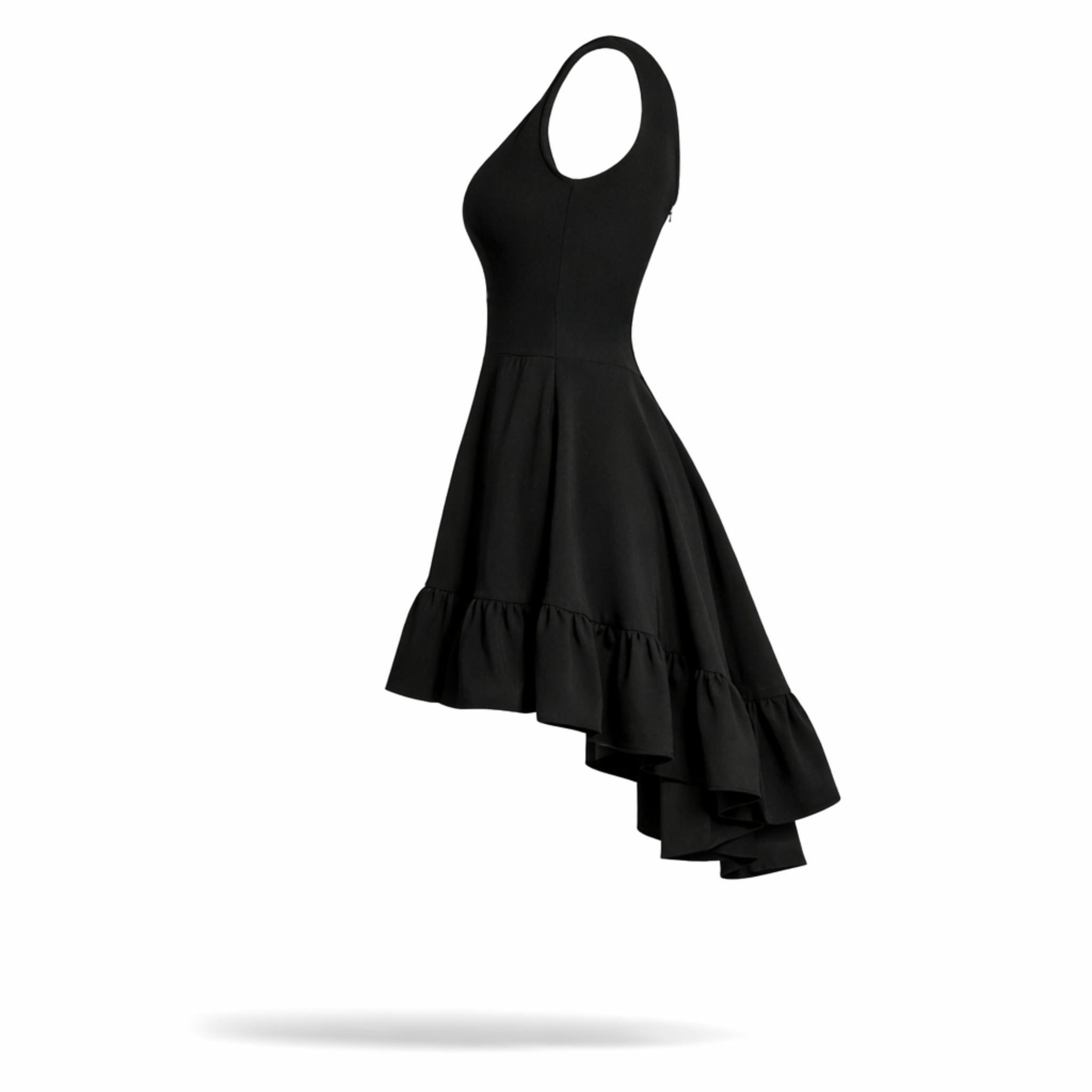 Rochie neagra scurta cu fusta clos si volane
