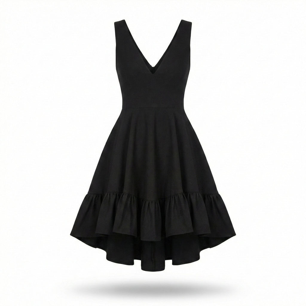Rochie neagra scurta cu fusta clos si volane