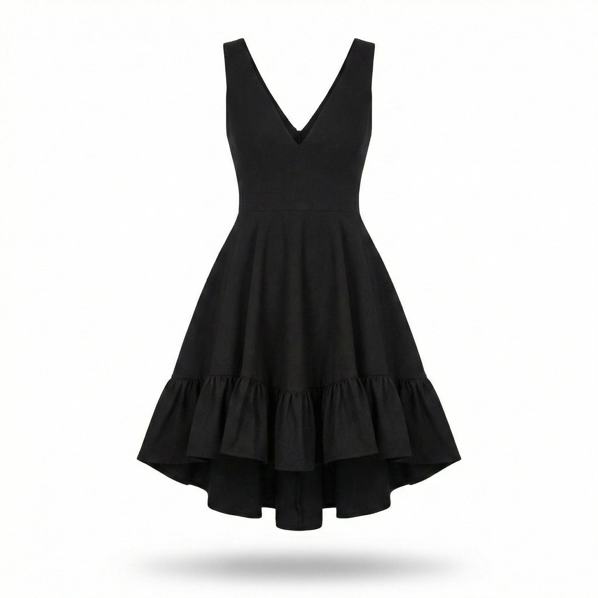 Rochie neagra scurta cu fusta clos si volane