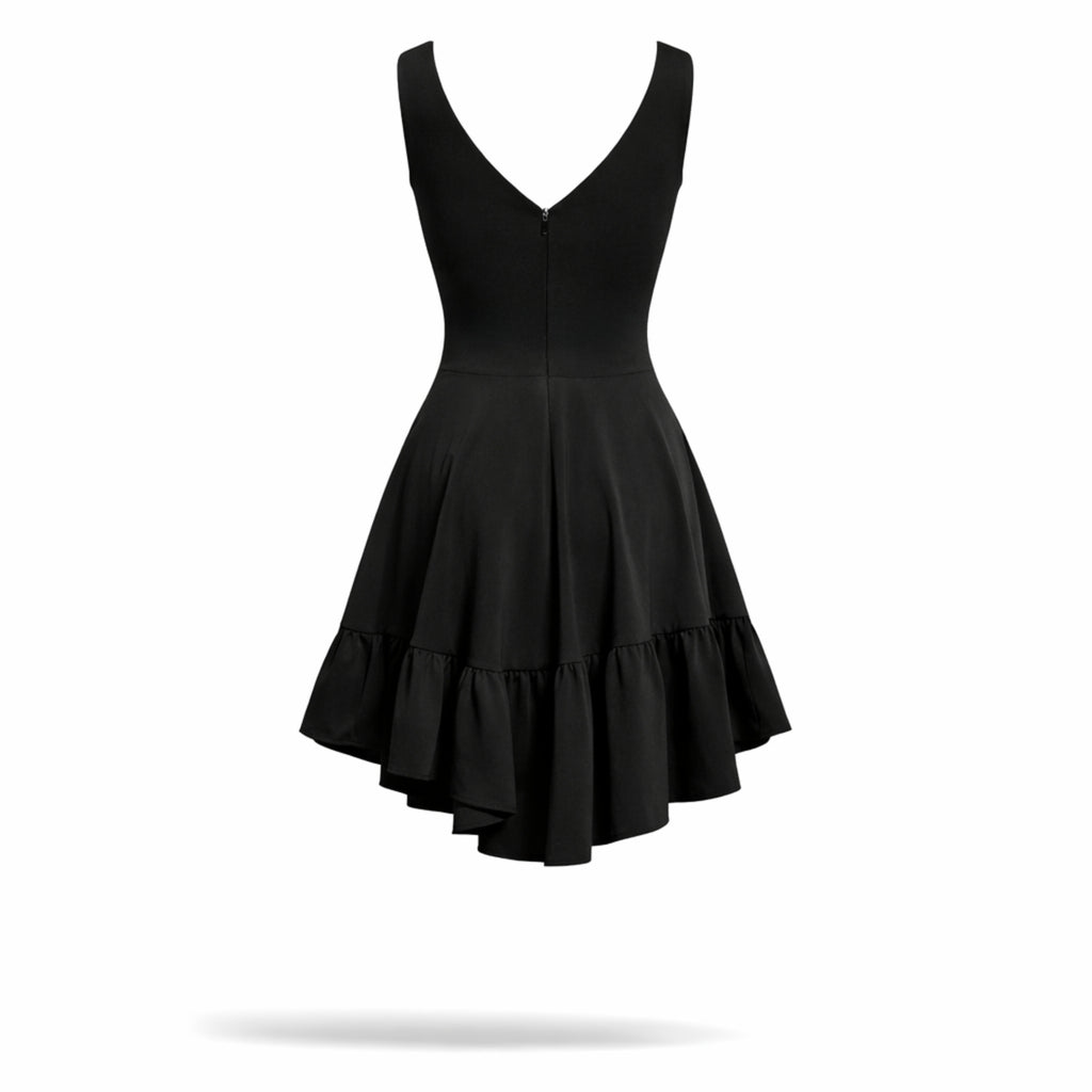 Rochie neagra scurta cu fusta clos si volane