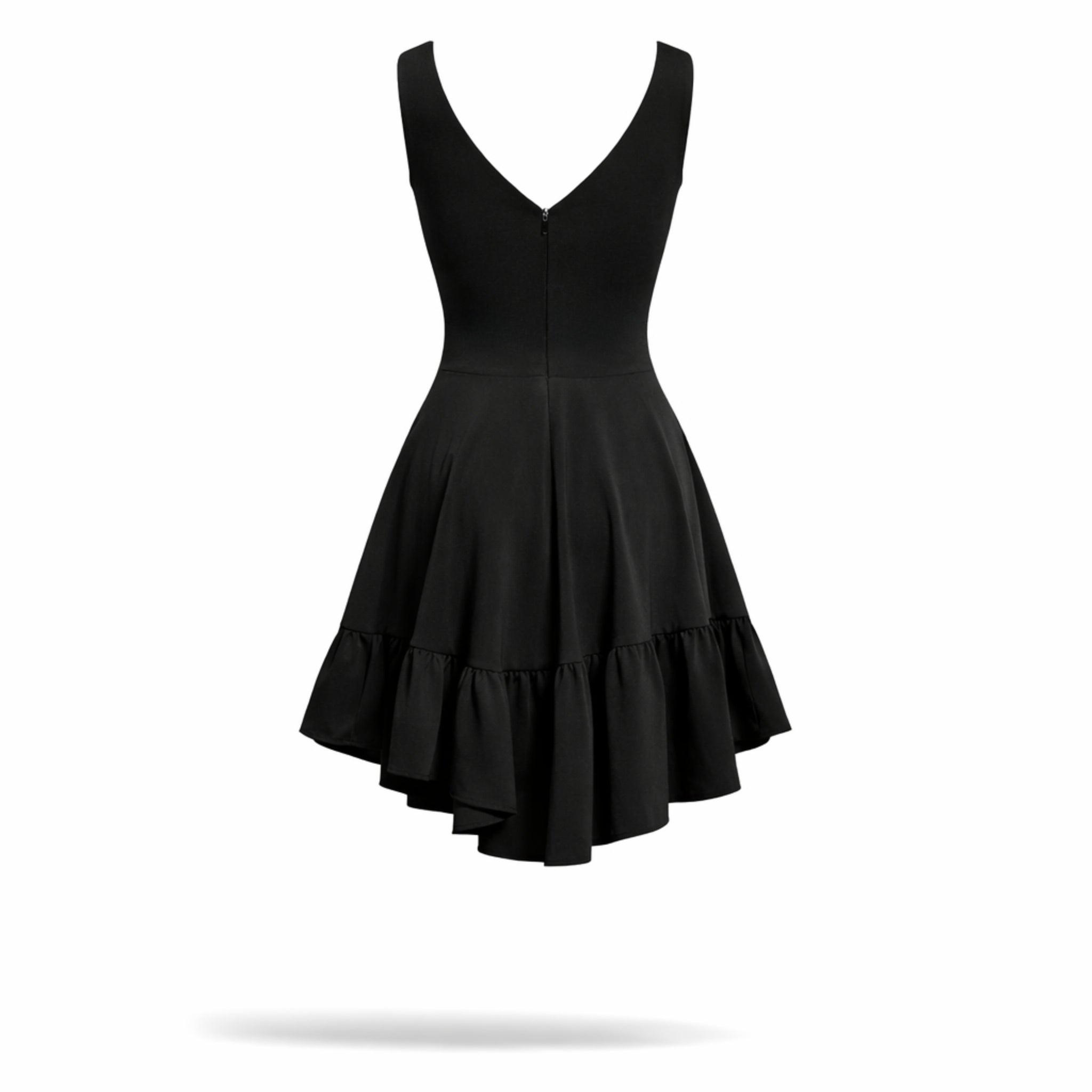 Rochie neagra scurta cu fusta clos si volane