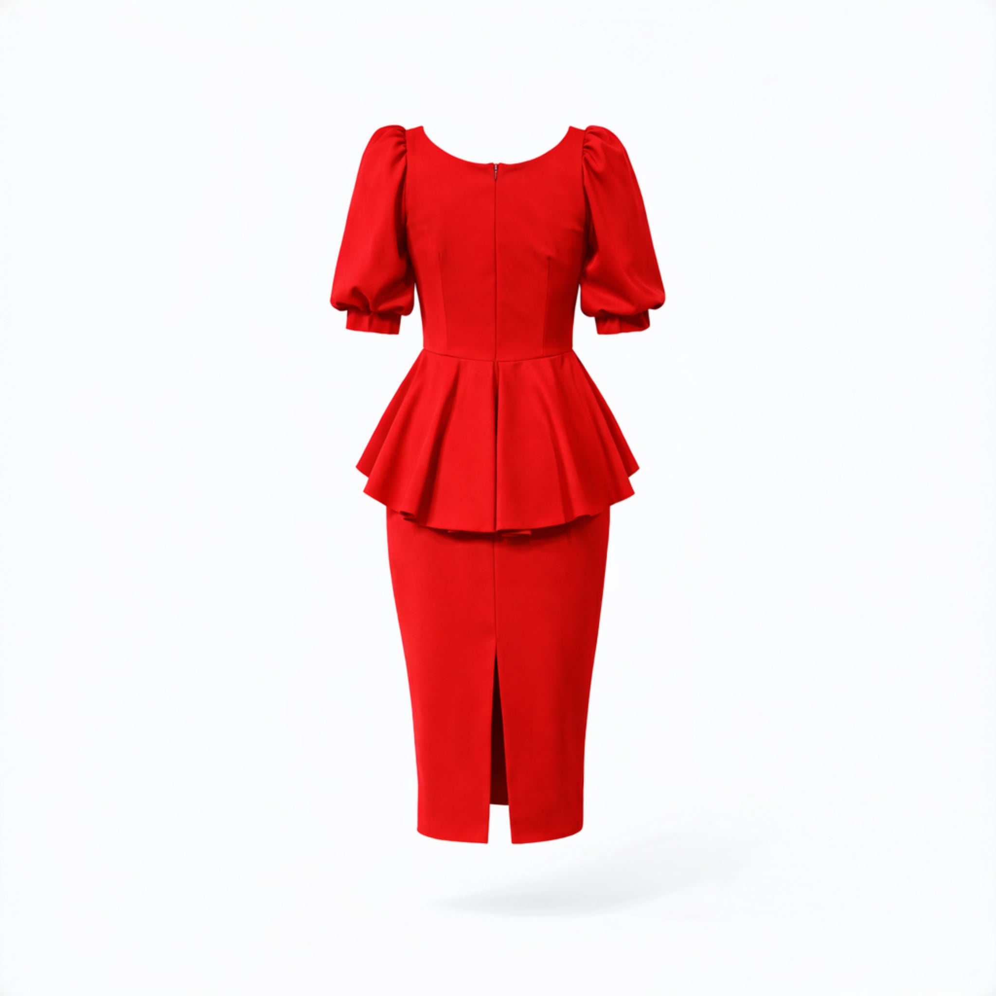 Rochie midi elegantă din bistrech roșu – modelatoare, cu peplum în talie și slit la spate