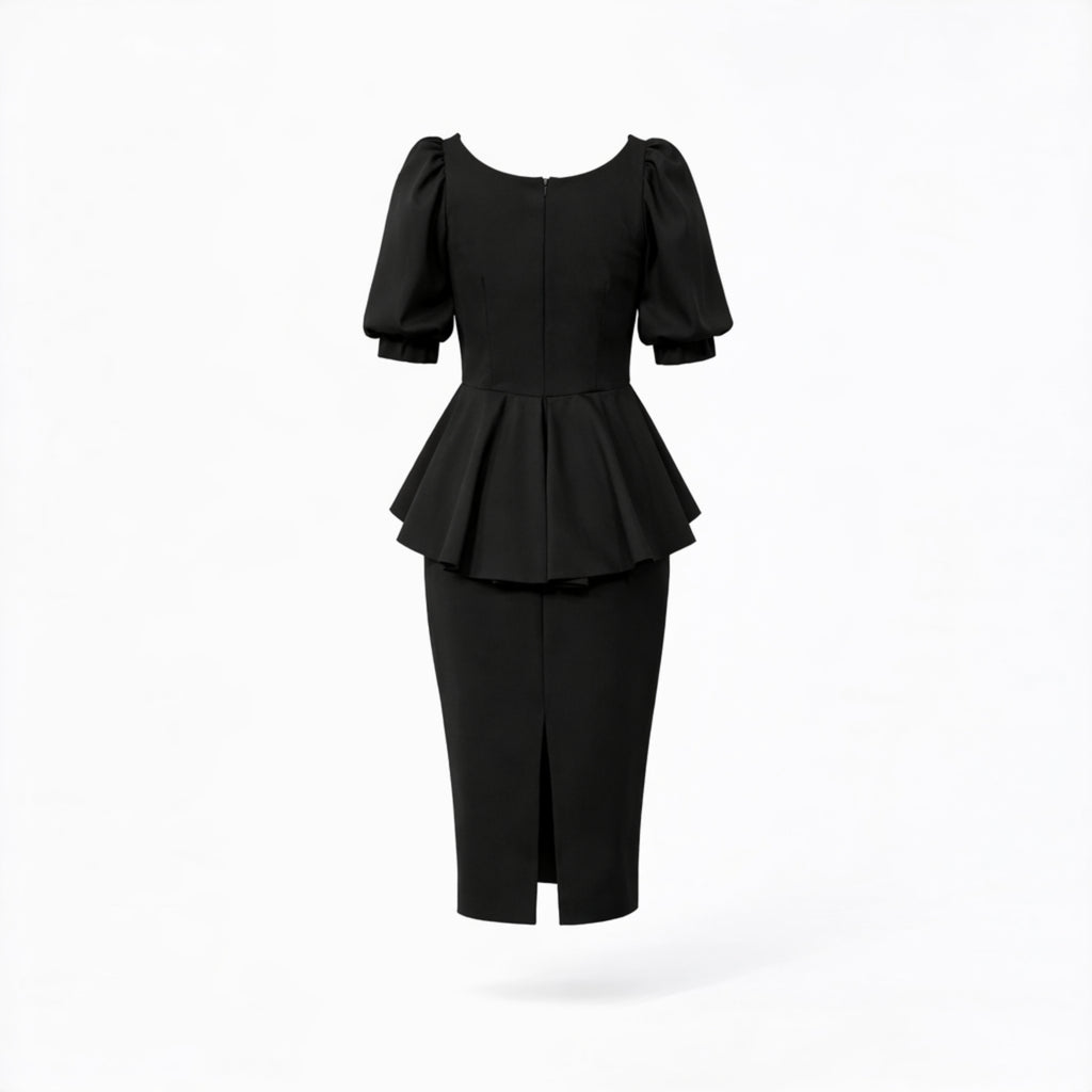 Rochie midi cu peplum în talie și șlit la spate – eleganță care modelează silueta