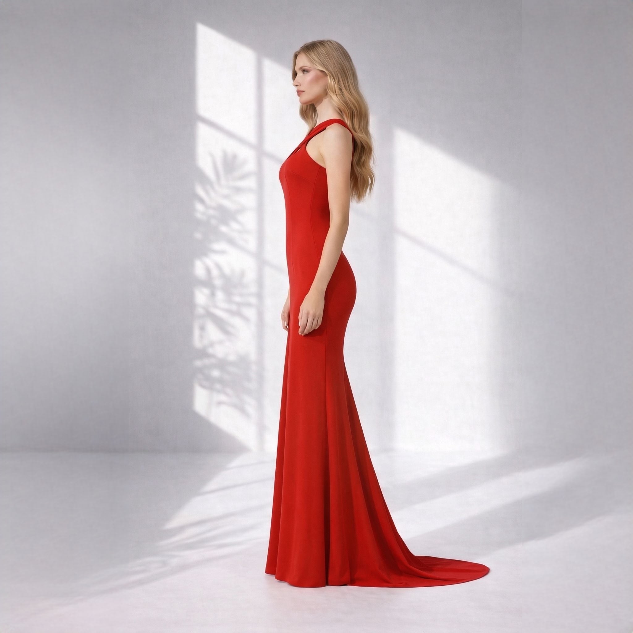 Rochie lungă roșie din bistrech cu bretele împletite și trenă – eleganță de designer