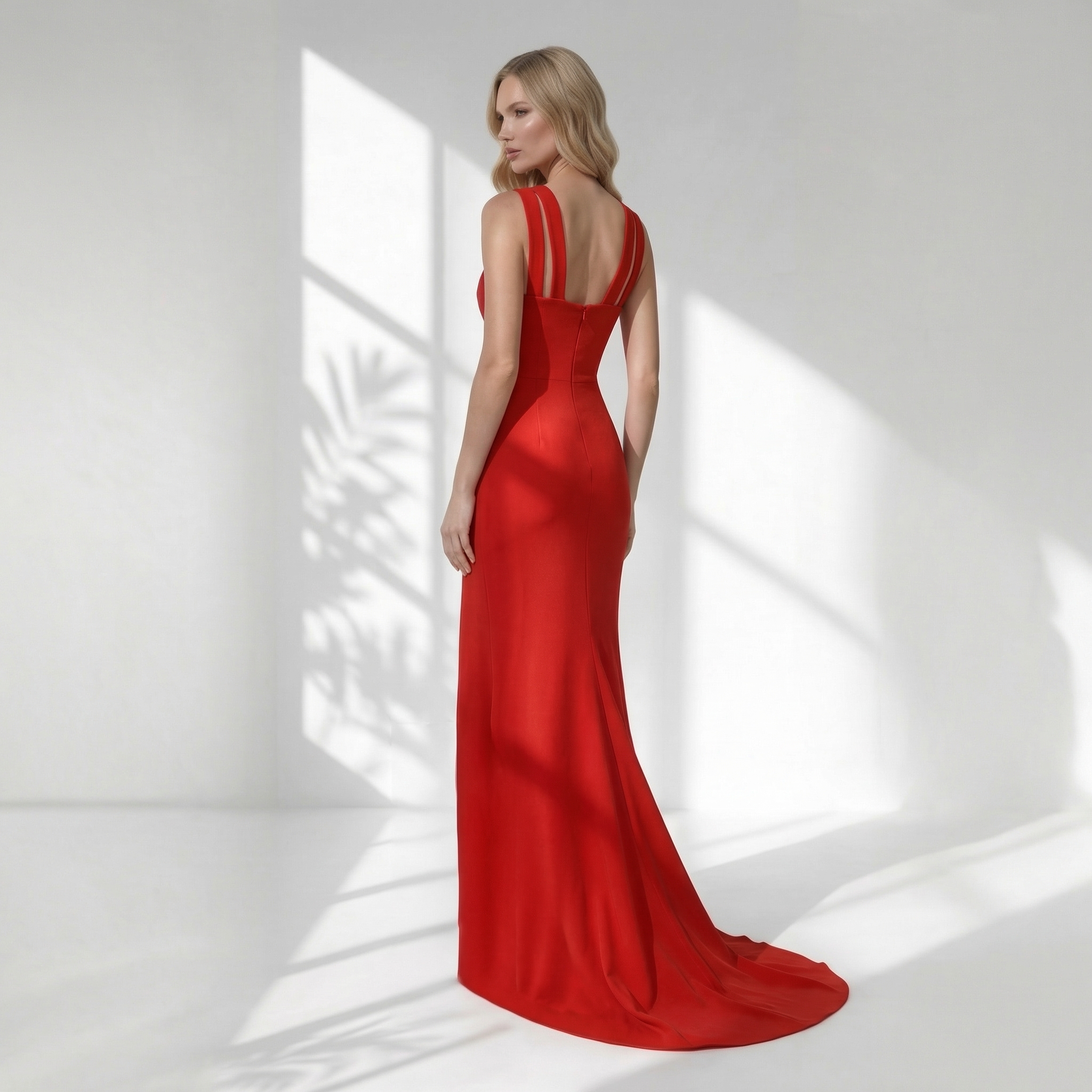 Rochie lungă roșie din bistrech cu bretele împletite și trenă – eleganță de designer