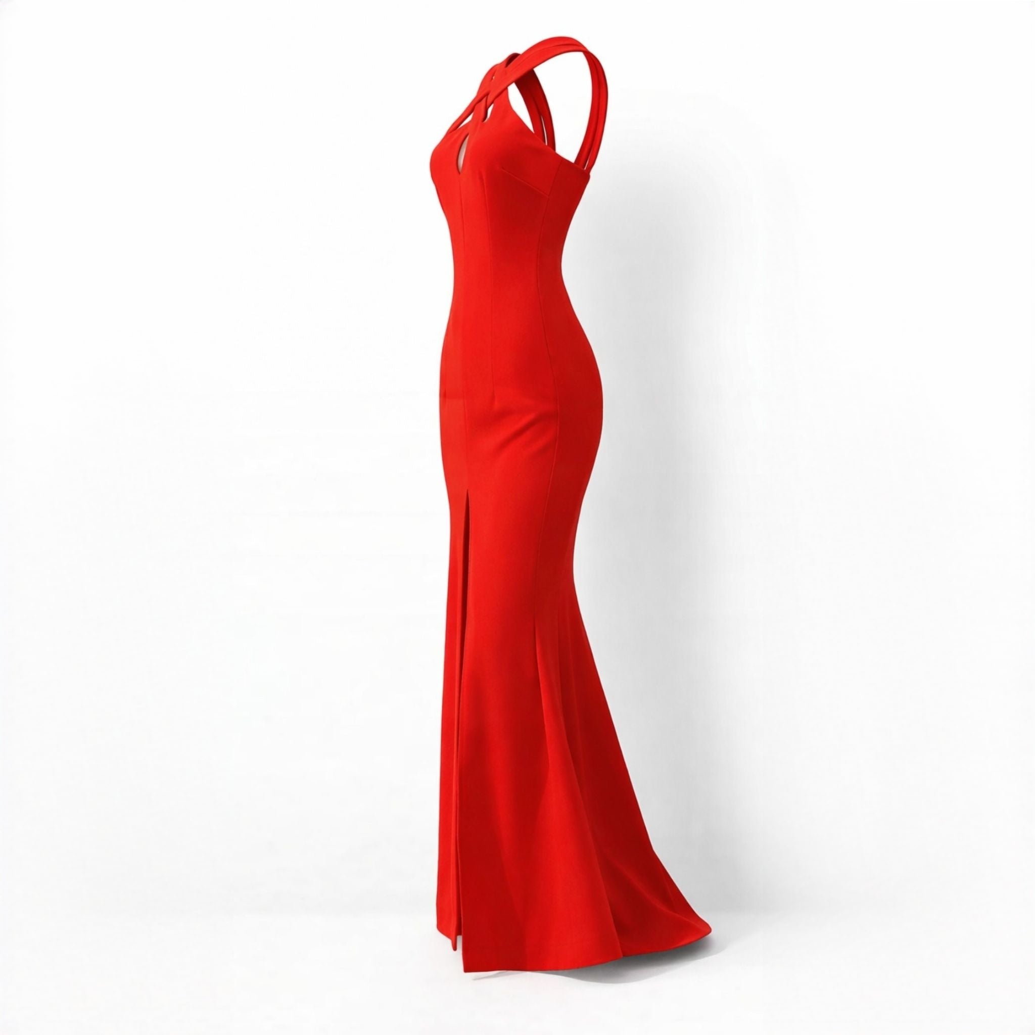 Rochie lungă roșie din bistrech cu bretele împletite și trenă – eleganță de designer