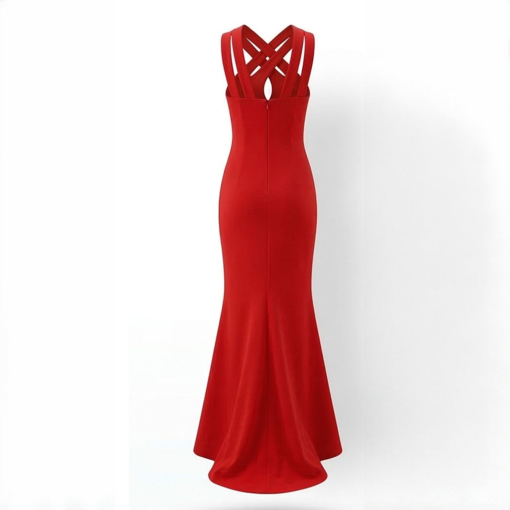 Rochie lungă roșie din bistrech cu bretele împletite și trenă – eleganță de designer