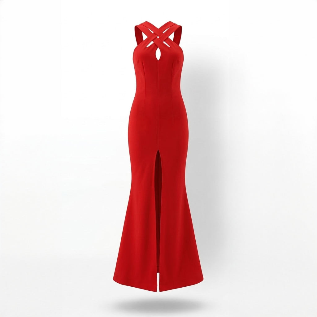 Rochie lungă roșie din bistrech cu bretele împletite și trenă – eleganță de designer