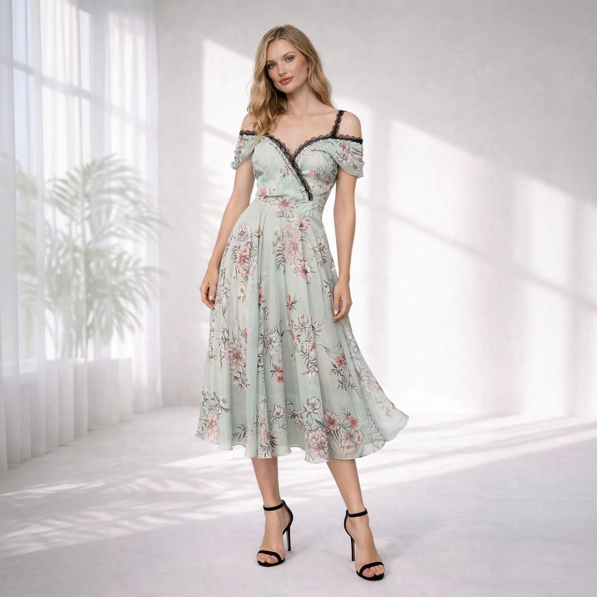 rochie midi din sifon floral cu dantela