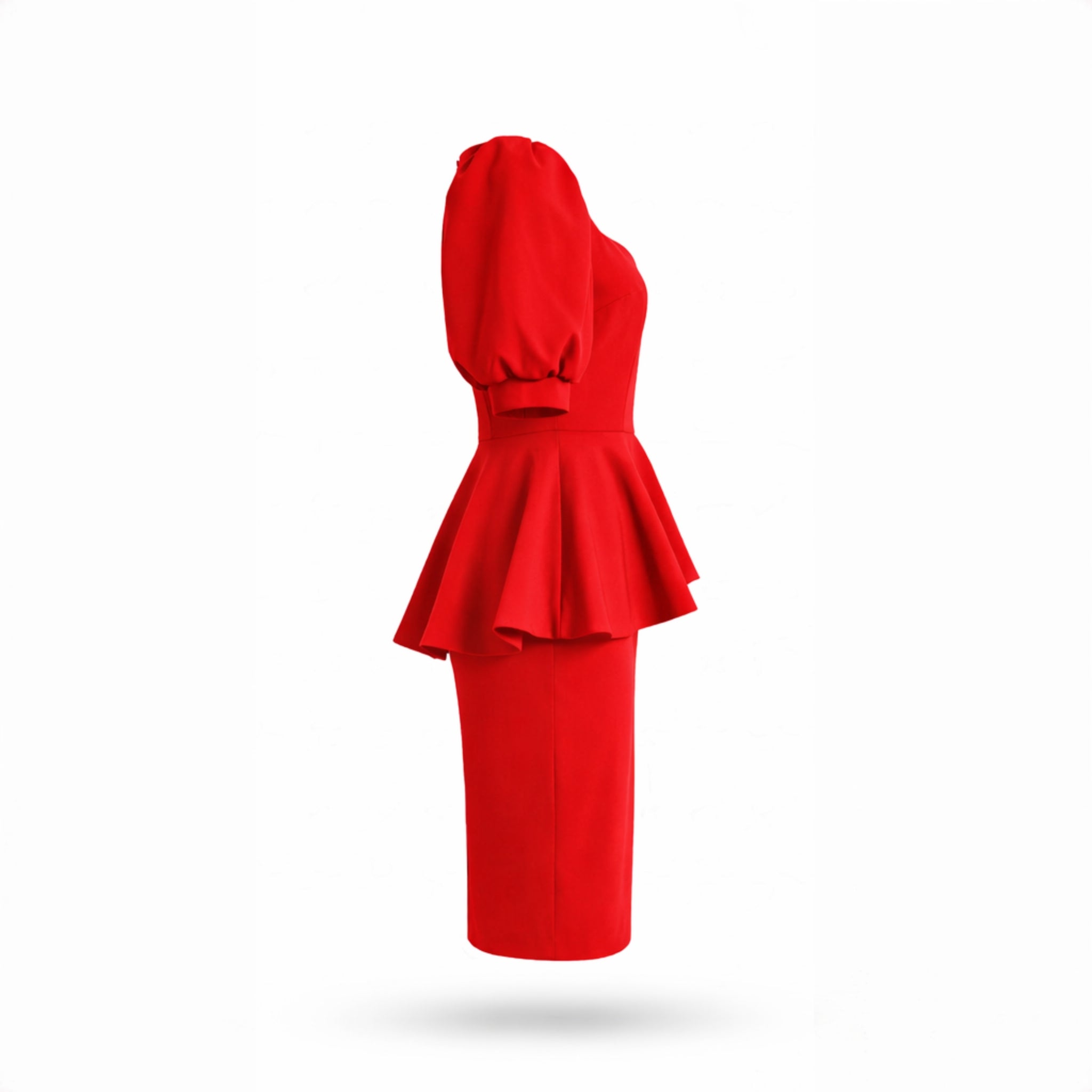 Rochie midi elegantă din bistrech roșu – modelatoare, cu peplum în talie și slit la spate