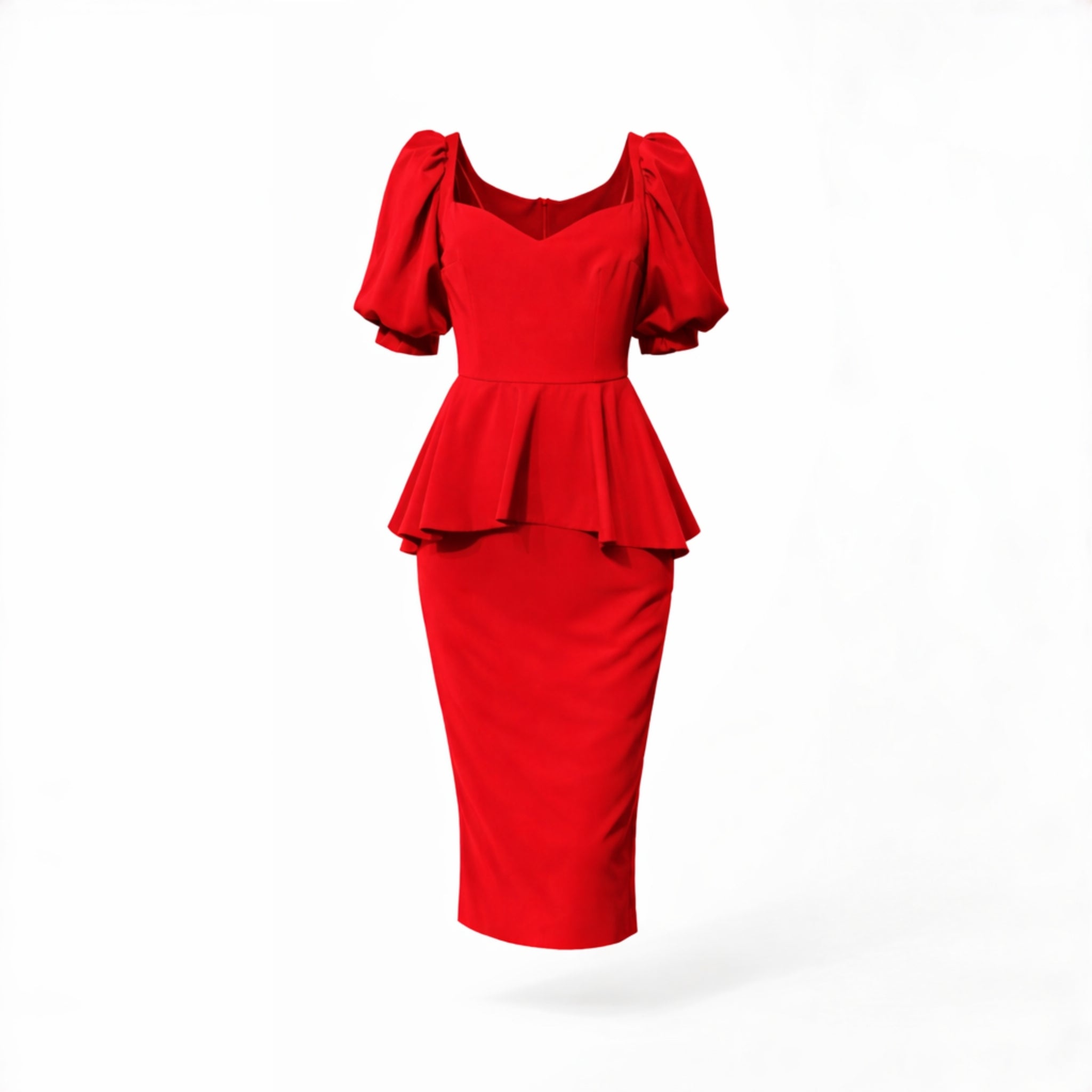 Rochie midi elegantă din bistrech roșu – modelatoare, cu peplum în talie și slit la spate