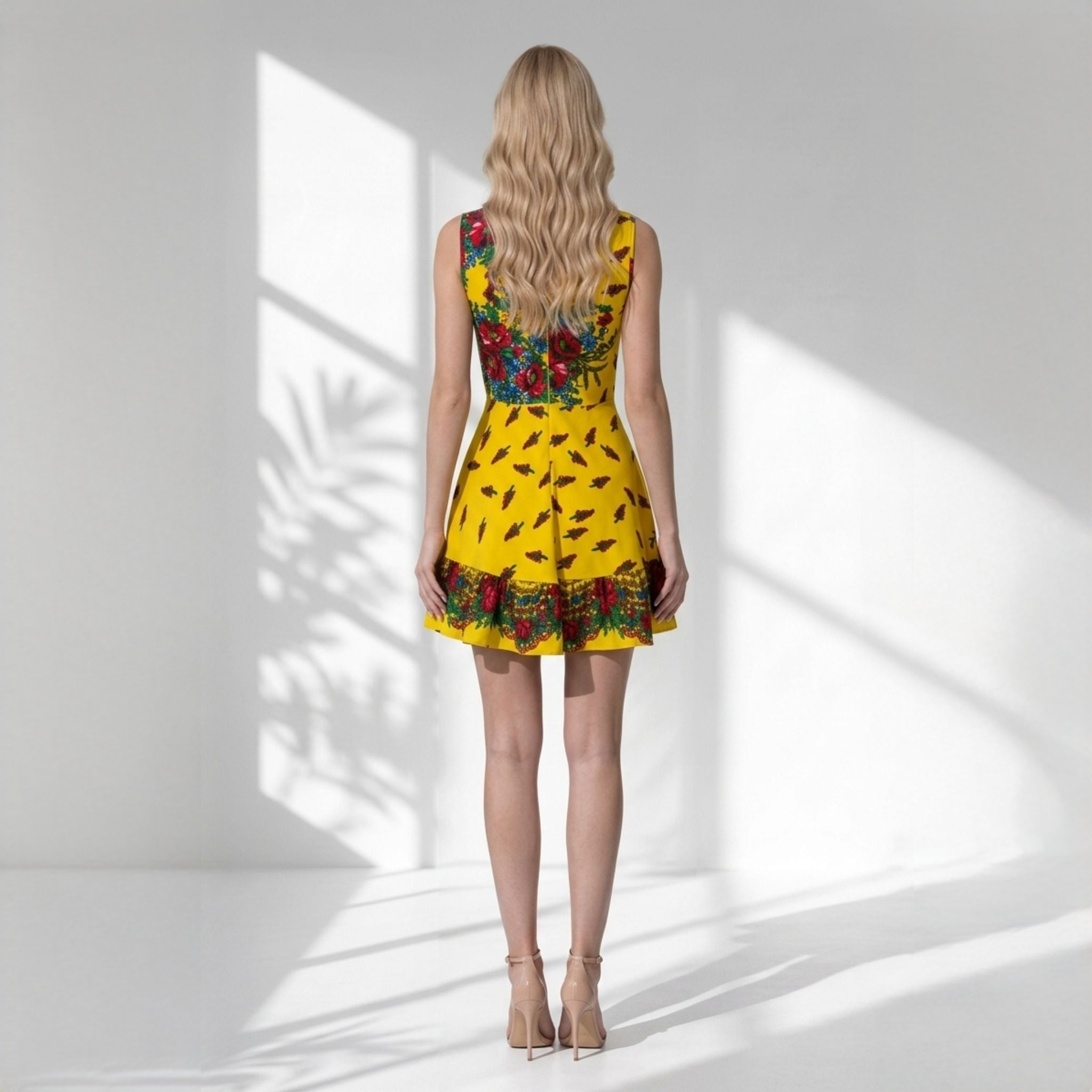 Rochie galbenă scurta cu volane cu print floral vibrant