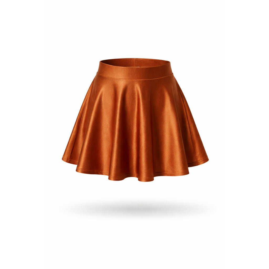 Fusta Scurta Clos din Lycra Cupru – Piesa Statement a Garderobei Tale