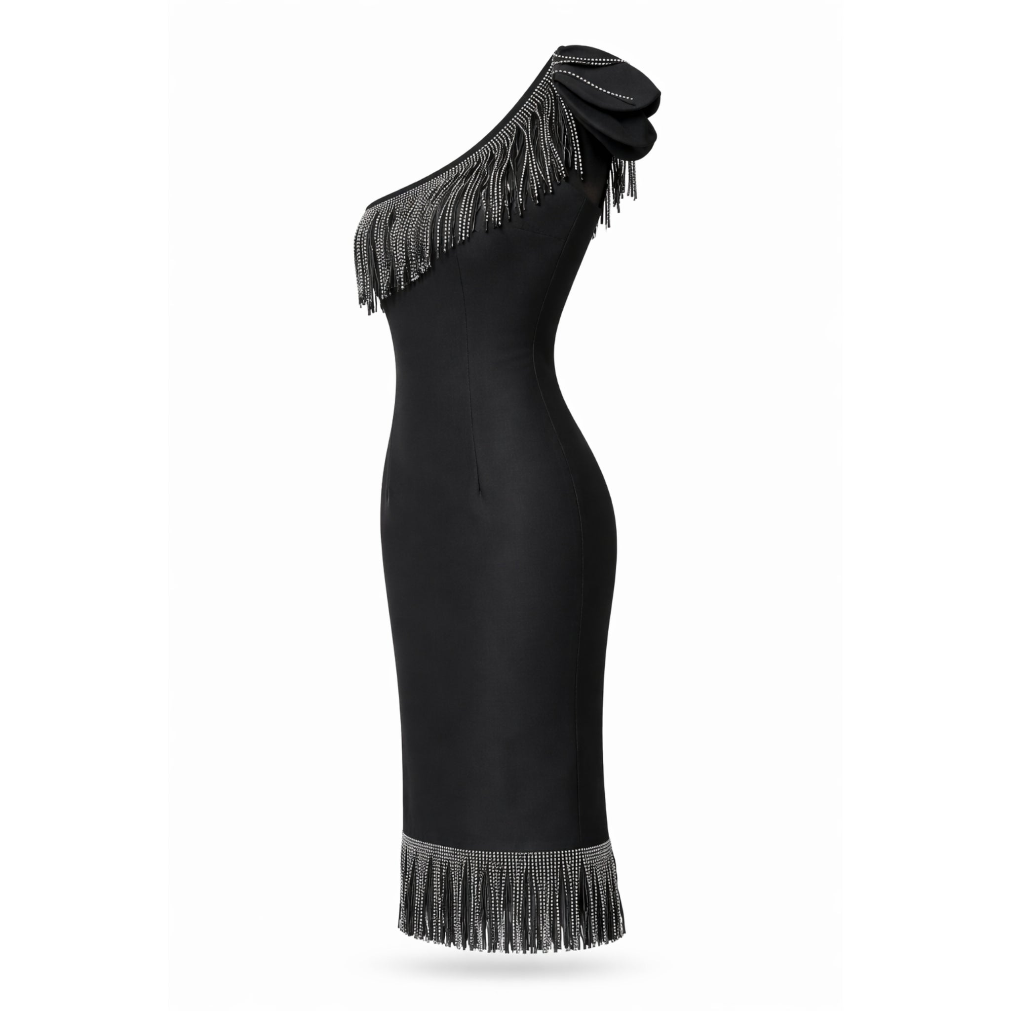 Rochie elegantă cu franjuri și cristale din bistrech modelator