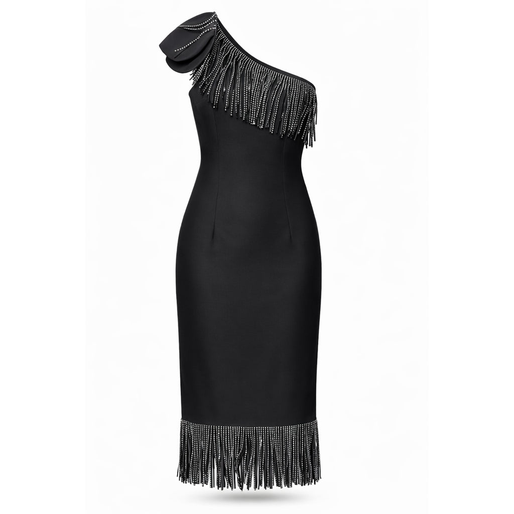 Rochie fashion cu franjuri strălucitoare și cristale decorative