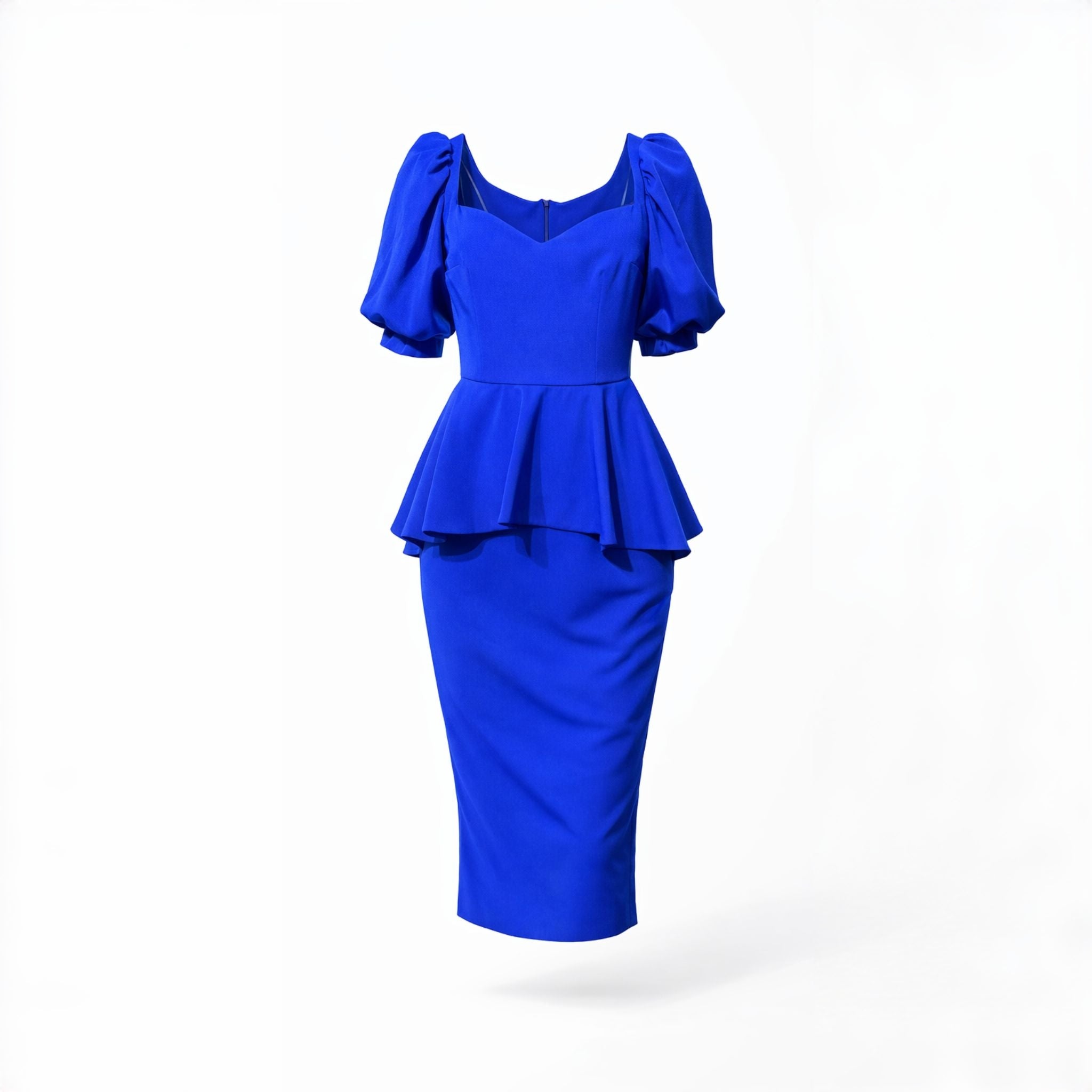 Rochie Elegantă Albastru Regal din Bistrech cu Peplum și Șliț la Spate