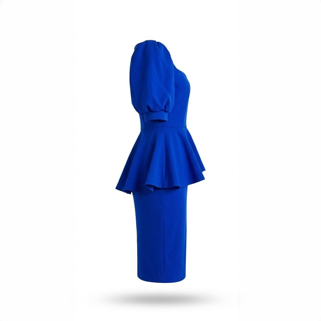 Rochie Elegantă Albastru Regal din Bistrech cu Peplum și Șliț la Spate