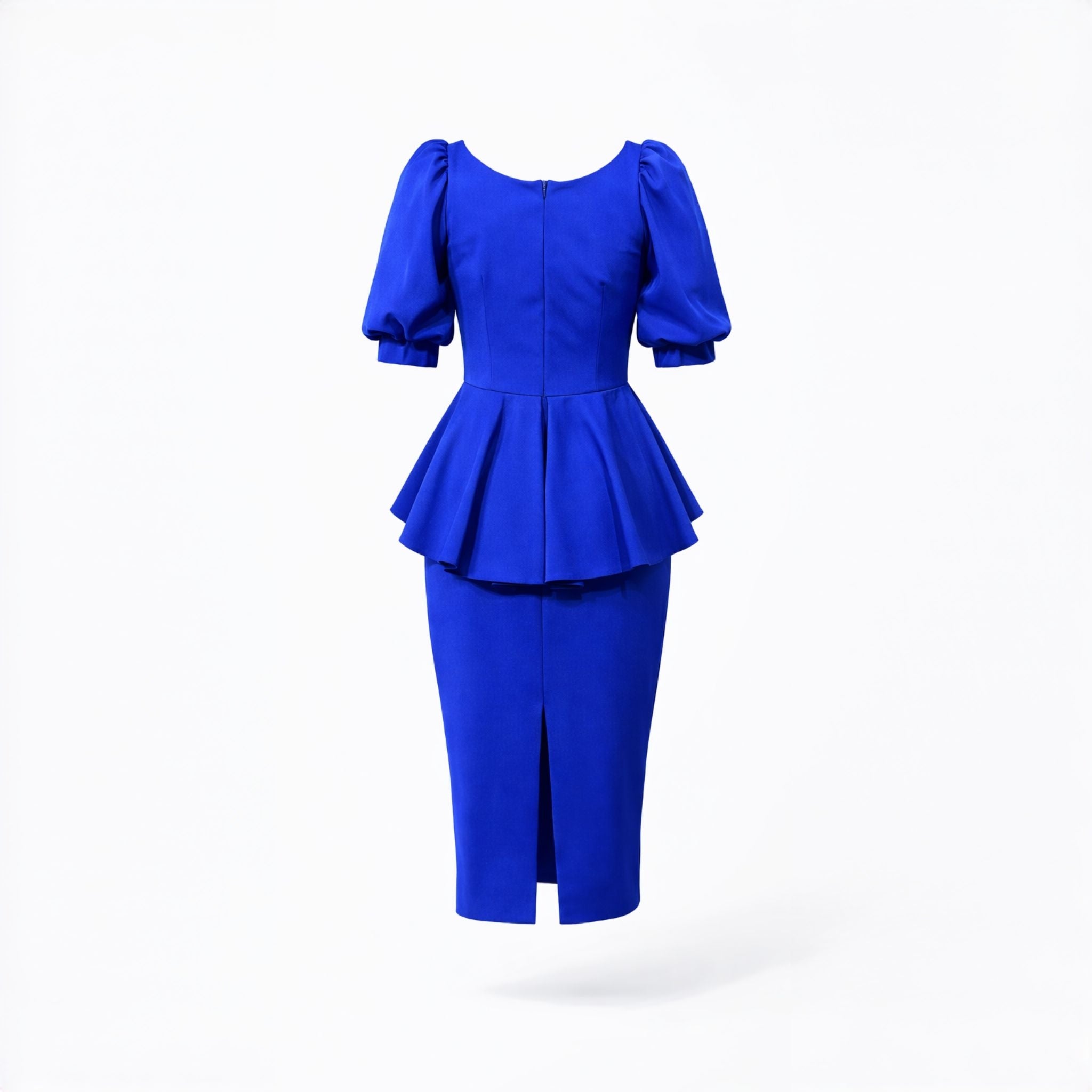 Rochie Elegantă Albastru Regal din Bistrech cu Peplum și Șliț la Spate