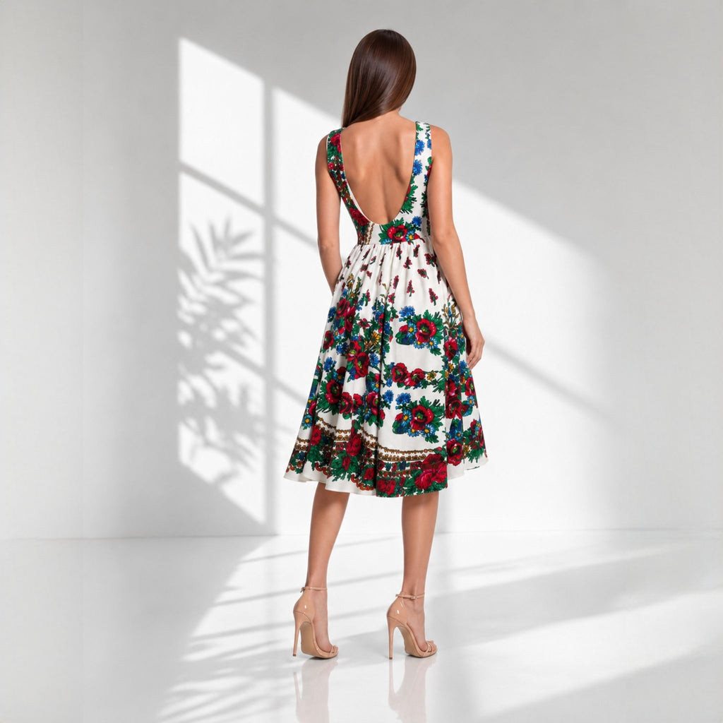 Rochie midi cu spatele gol și print floral tradițional