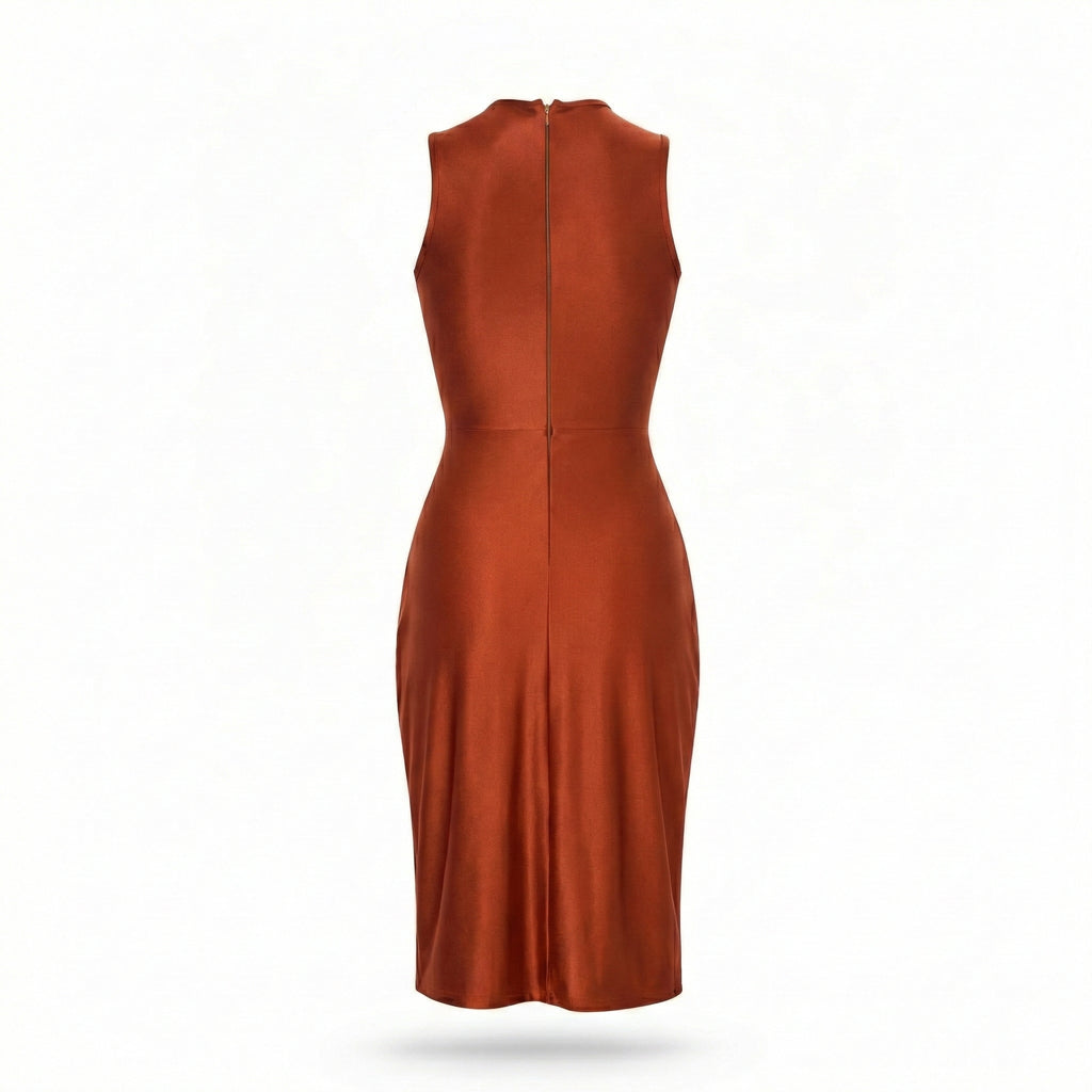 Rochie mulata cupru cu efect modelator si drapaj care ascunde imperfectiunile