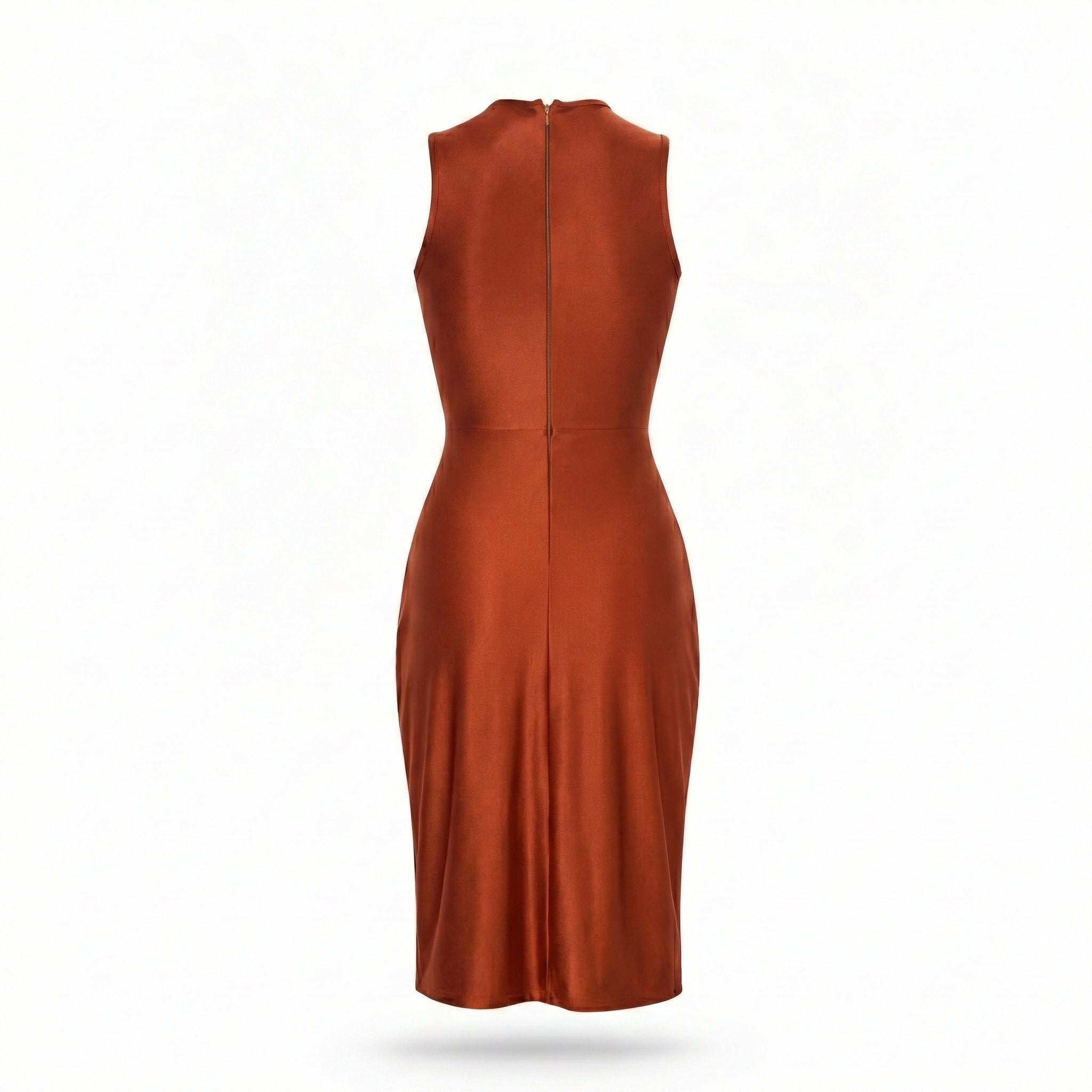 Rochie mulata cupru cu efect modelator si drapaj care ascunde imperfectiunile