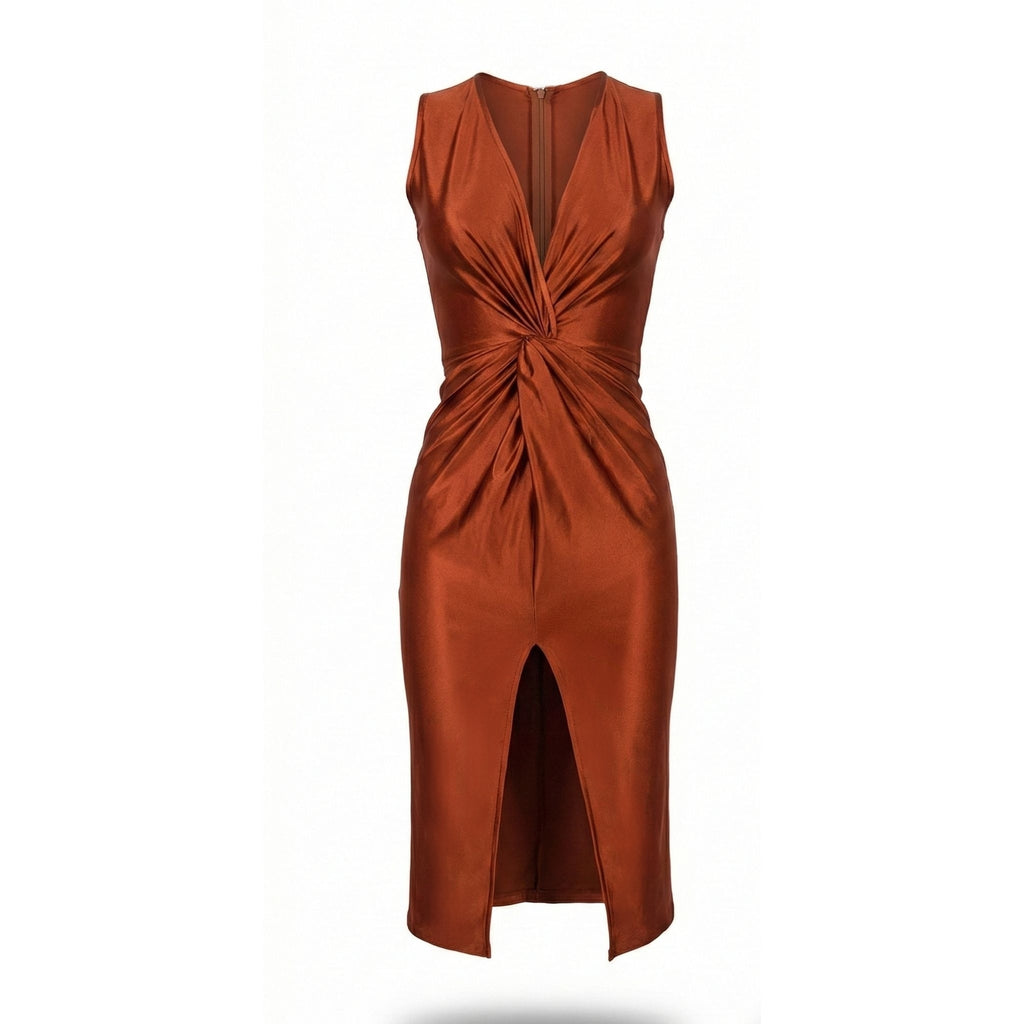 Rochie mulata cupru cu efect modelator si drapaj care ascunde imperfectiunile