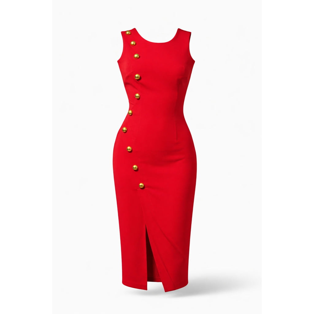 rochie rosie slim fit de designer din bistrech cu nasturi aurii fashion moderna