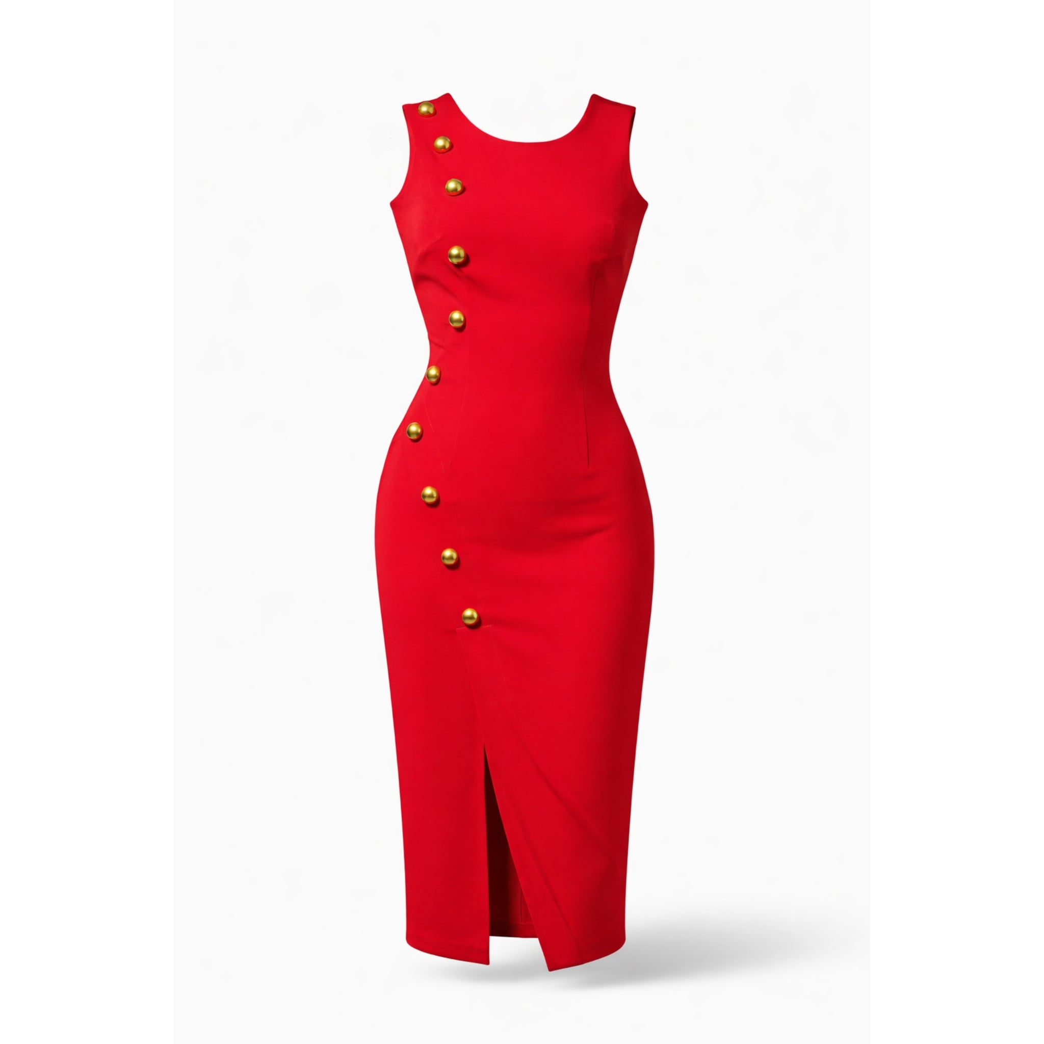 rochie rosie slim fit de designer din bistrech cu nasturi aurii fashion moderna