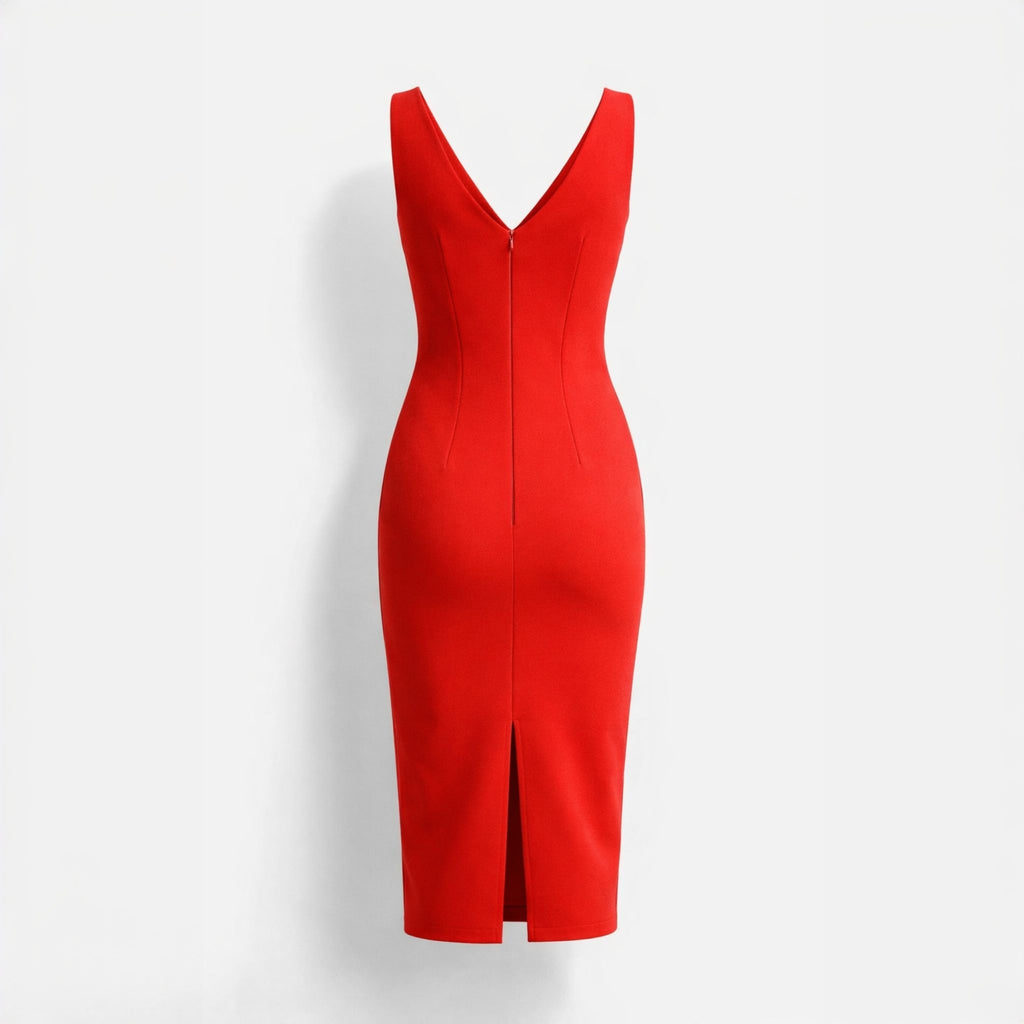 rochie rosie fashion de designer din bistrech cu croiala eleganta efect modelator rochie moderna pentru evenimente