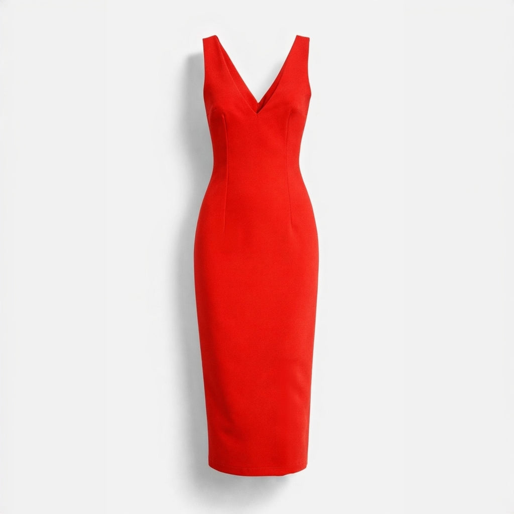 rochie rosie eleganta din bistrech cu efect modelator slit la spate material dens care acopera imperfectiunile rochie designer midi