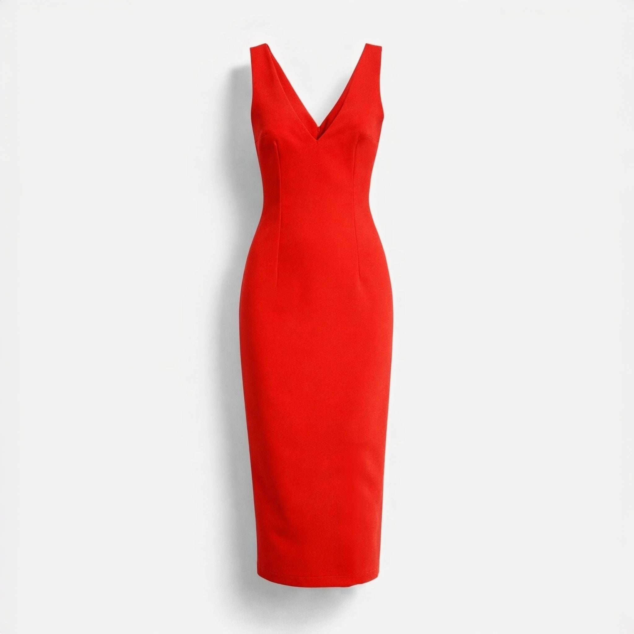 rochie rosie eleganta din bistrech cu efect modelator slit la spate material dens care acopera imperfectiunile rochie designer midi