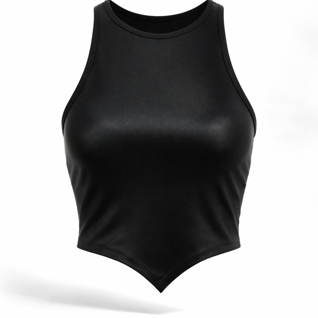 top damă decupat, top asimetric talie, lycra premium, haine fashion ieftine, calitate designer, top festival, bustieră yoga, top negru lucios, poliamidă și elastan.